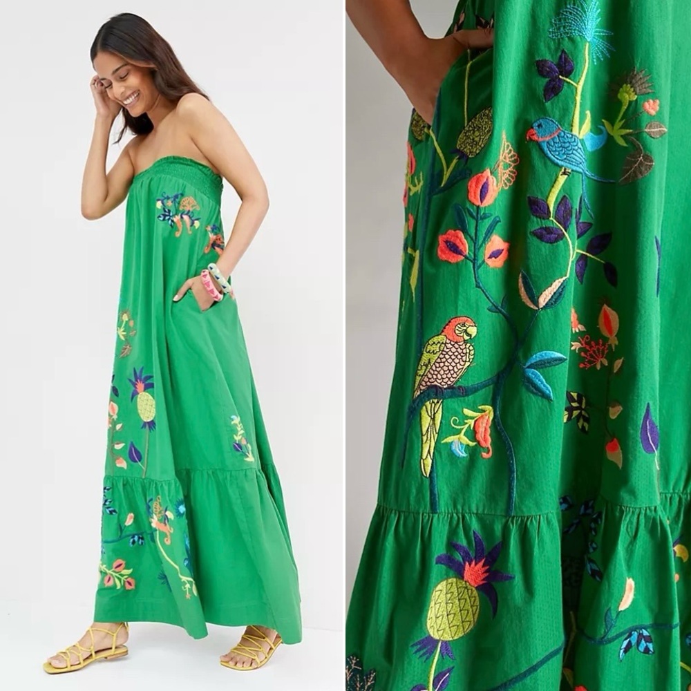 Anthropologie Bright Green Embroidered Ruffled Floral Strapless Maxi Dress